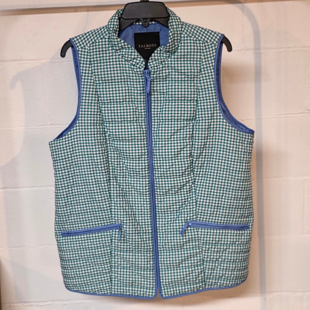 Talbots Woman Plus 1X Teal White Gingham Quilted Puffer Vest Mock Neck Zip